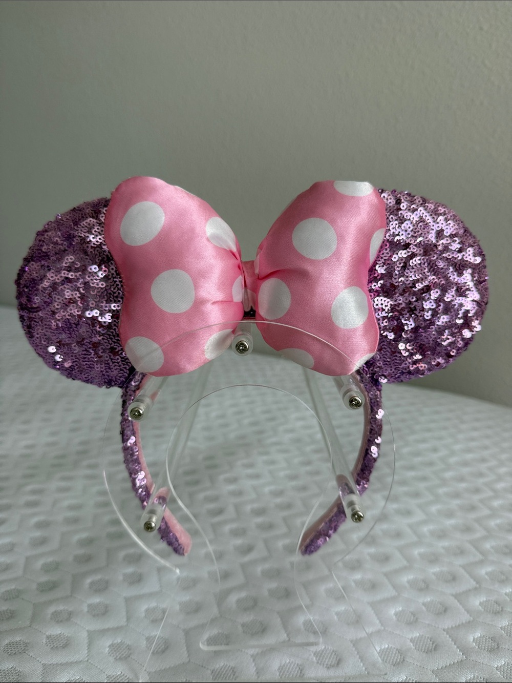 Disney Pink Polka Dot Bow Lavender Sequin Minnie Mouse Ears Headband